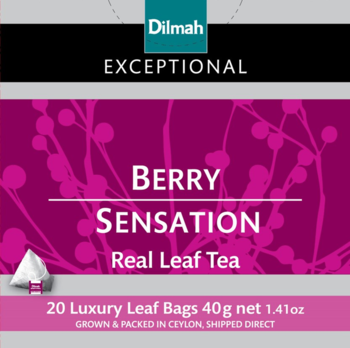 Dilmah Berry Sensation Real Leaf Tea, czarne opakowanie z różowym tłem i wzorem, 20 torebek, widok z przodu.