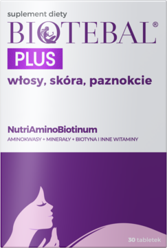 Biotebal PLUS suplement na włosy, skórę, paznokcie. Biało-fioletowe pudełko z NutriAminoBiotinum, widok z przodu.