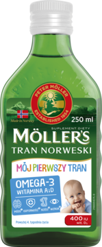 Zielona butelka Möller's Tran Norweski dla dzieci 'Mój Pierwszy Tran', Omega-3, witaminy A i D.