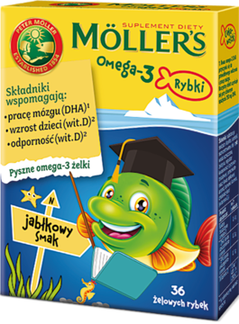 Möller’s Omega-3 Rybki jabłkowy smak, żelki dla dzieci, w żółto-niebieskim pudełku z rysunkową rybką.