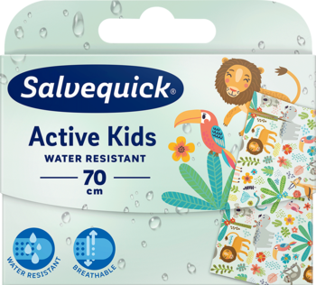 Kartonowe opakowanie plastrów Salvequick Active Kids 70 cm, wodoodpornych, z rysunkowymi zwierzętami.