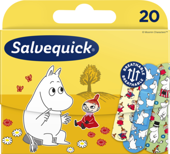 Salvequick oddychające plastry dziecięce z Muminkami, żółte opakowanie, widoczne różne wzory plastrów.