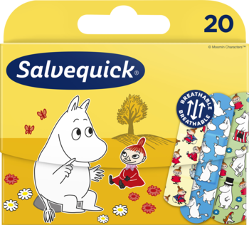 Salvequick oddychające plastry dziecięce z Muminkami, żółte opakowanie, widoczne różne wzory plastrów.
