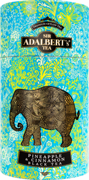 Sir Adalbert's Pineapple & Cinnamon Black Tea w niebiesko-żółtej puszce ze złotym słoniem, widok z przodu.