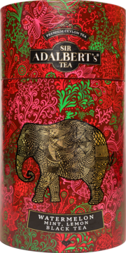 Cylindryczna, wzorzysta puszka herbaty Sir Adalbert's Watermelon Mint Lemon Black Tea ze złotym słoniem.