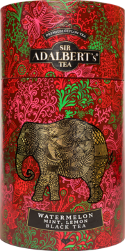 Cylindryczna, wzorzysta puszka herbaty Sir Adalbert's Watermelon Mint Lemon Black Tea ze złotym słoniem.