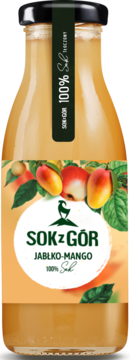 Pomarańczowy sok SOK z GÓR Jabłko-Mango w szklanej butelce z czarną nakrętką. Widok z przodu, etykieta z jabłkami, mango.