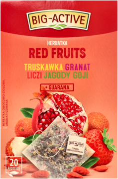 Czerwone opakowanie herbatki Big-Active Red Fruits z truskawką, granatem, liczi, jagodami goji i guaraną, widok z przodu.