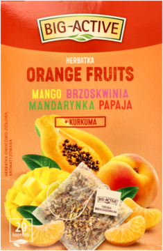 Big-Active Herbatka Orange Fruits: pomarańczowe opakowanie z mango, brzoskwinią, mandarynką, papają, kurkumą i torebką. 20 sztuk.