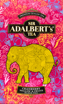 Sir Adalbert's Tea, Cranberry Mallow & Fruits Black Tea w żywym różowym opakowaniu ze złotym słoniem.