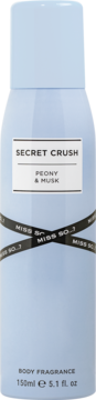 Miss So...? Secret Crush perfumowany dezodorant do ciała 150ml, błękitna butelka z białym napisem, widok z przodu.