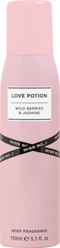 Różowy, cylindryczny dezodorant Miss So...? Love Potion, etykieta Wild Berries & Jasmine, widok z przodu.