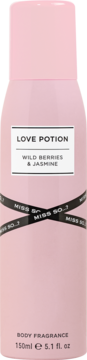Różowy dezodorant Miss So…? Love Potion 150ml, Wild Berries & Jasmine, z czarną wstążką, widok z przodu.