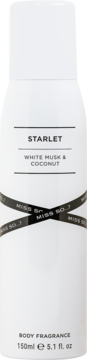 Biała butelka dezodorantu Miss So...? Starlet White Musk & Coconut, 150ml, widok z przodu, czarne paski.