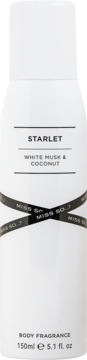 Biały perfumowany dezodorant Miss So...? Starlet 150ml, z napisem "WHITE MUSK & COCONUT" i czarną wstążką, widok z przodu.
