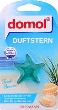 Domol Duftstern Fresh Breeze, turkusowy odświeżacz powietrza w kształcie rozgwiazdy, widok przód opakowania.