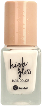 Lakier do paznokci High Gloss 010 Ice Dream, mlecznobiała butelka z przezroczystego szkła, beżowa nakrętka z fakturą.