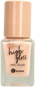 Lakier do paznokci High Gloss 020 Vanilla Sorbet Kruidvat, beżowy, w szklanej butelce, widok z przodu.