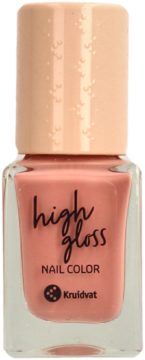 Kruidvat Lakier do paznokci High Gloss 040 Love Me Tender, brzoskwiniowy z jasną zakrętką w kropki, widok z przodu.