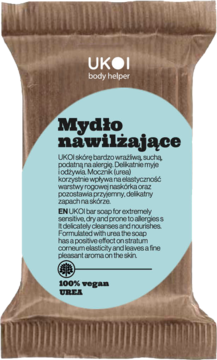 UKOI nawilżające mydło z mocznikiem w beżowym, ekologicznym opakowaniu, niebieska etykieta, widok z przodu.