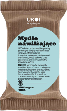 UKOI nawilżające mydło z mocznikiem w beżowym, ekologicznym opakowaniu, niebieska etykieta, widok z przodu.