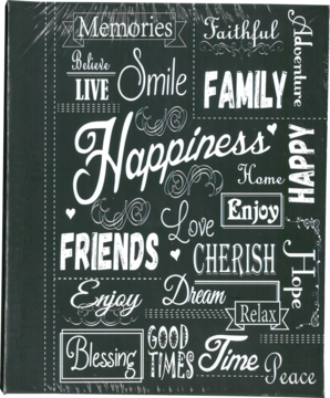 Album na zdjęcia 10x15 cm, czarny, z białymi napisami: Happiness, Family, Friends. Twarda oprawa, widok z przodu.