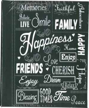 Album na zdjęcia 10x15 cm, czarny, z białymi napisami: Happiness, Family, Friends. Twarda oprawa, widok z przodu.