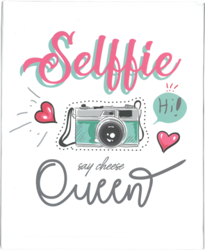 Album na zdjęcia "Selfie Queen" z różowo-turkusowym napisem i retro aparatem, twarda oprawa, widok z przodu.