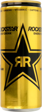 Złota puszka Rockstar Energy Drink, widok z przodu. Czarna gwiazda z logo RR, napisy Ginseng, Caffeine, Vitamin C. Bez cukru.
