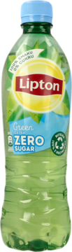 Przezroczysta butelka Lipton Green Ice Tea Zero Sugar, z zielonym napojem i niebieską nakrętką, etykieta z napisem 0% cukru i logo Lipton.