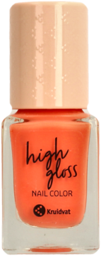 Frontalny widok pomarańczowego lakieru Kruidvat High Gloss Nail Color Spring Papaya w szklanej butelce.