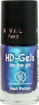 Lakier do paznokci RIVAL HD-Gels Blue Lagoon w butelce, widok z przodu, opalizujący błękit i fiolet.