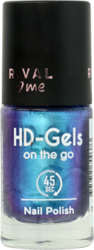 Lakier do paznokci RIVAL HD-Gels Blue Lagoon w butelce, widok z przodu, opalizujący błękit i fiolet.
