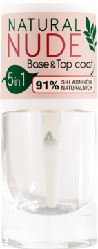 Ados Natural Nude Base & Top coat 5in1, przezroczysta butelka, napis 91% składników naturalnych, widok z przodu.