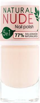 Ados Natural Nude lakier 5w1 w beżowej butelce, 77% naturalnych składników, z przodu na białym tle.