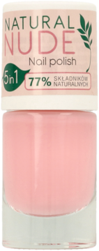 Jasnoróżowy lakier do paznokci Ados Natural Nude 5w1 w szklanej butelce, widok z przodu. Z 77% składników naturalnych.