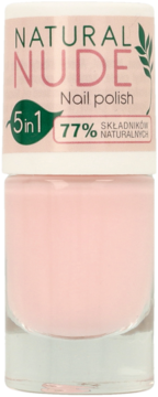 Ados Natural Nude Nail Polish 5in1, jasnoróżowy lakier z 77% składników naturalnych, w szklanej butelce, widok z przodu.