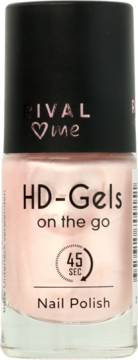 Perłowy lakier HD-Gels RIVAL me Pearl Nude w szklanej butelce, napis 45 SEC, widok z przodu.