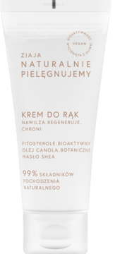 Biała tubka wegańskiego kremu do rąk Ziaja Naturalnie, 99% składników naturalnych, nawilża, regeneruje.