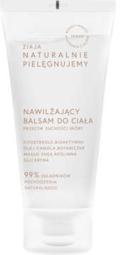 Biała tubka balsamu Ziaja Naturalnie Pielęgnujemy, nawilżający do ciała, z beżowym tekstem i logo, widok z przodu.