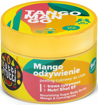 Żółty peeling cukrowy Tutti Frutti Tango Mango, mango i trawa cytrynowa, odżywiający, widok z przodu.