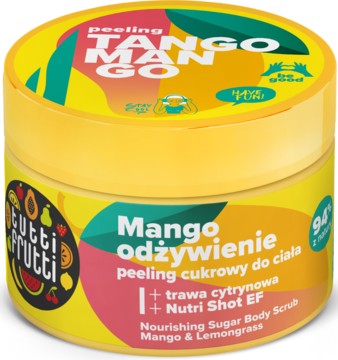 Żółty peeling cukrowy Tutti Frutti Mango odżywienie z trawą cytrynową. Słoik z owocami, widok z przodu.