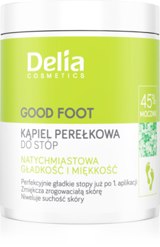 Biały słoik Delia Cosmetics Good Foot Kąpiel Perełkowa do Stóp z zieloną etykietą, 45% mocznika dla gładkości.