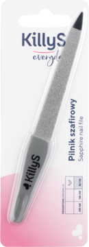 Szafirowy pilnik KillyS Everyday, srebrny, w białym opakowaniu z różowym spodem, z tabelą gradacji. Widok z przodu.