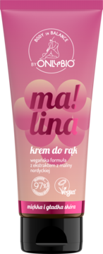 Onlybio Malina krem do rąk w różowej tubce, z ekstraktem maliny nordyckiej, nawilżający. Widok z przodu.