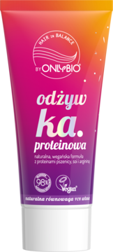 OnlyBio Hair in Balance odżywka proteinowa w różowo-pomarańczowej tubie, widok z przodu, z białym napisem.