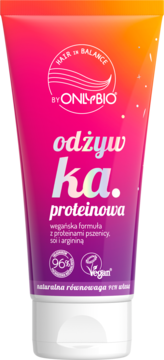 OnlyBio Hair in Balance Odżywka proteinowa, wegańska, różowo-pomarańczowa tuba, widok z przodu.