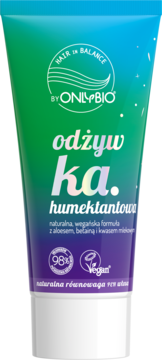 OnlyBio odżywka humektantowa w zielono-fioletowej tubie, widok z przodu, z napisem "Hair in Balance".