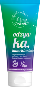 OnlyBio odżywka humektantowa wegańska, zielono-fioletowa tubka, widok z przodu, z logo Hair in Balance.