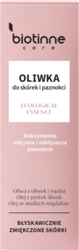 Front opakowania oliwki Biotinne Core Ecological Essence do skórek i paznokci, różowe z białym tekstem.